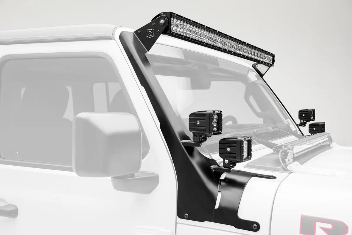 Zroadz Jeep Jl, Gladiator Front Roof LED Bracket to Mount (1) 50 or 52 Inch Staight LED Light Bar And (4) 3 Inch LED Pod Lights