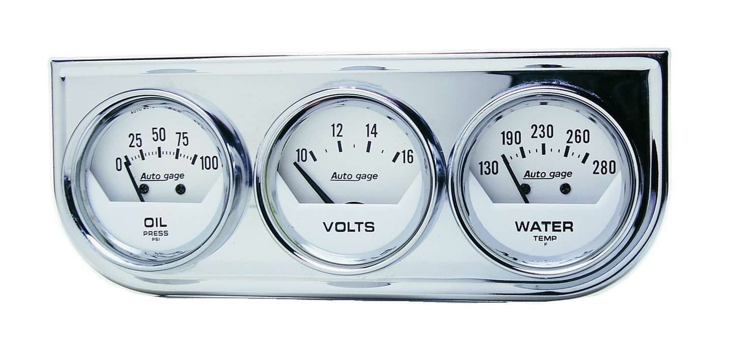 AutoMeter GAUGE CONSOLE; OILP/WTMP/VOLT; 2-1/16in.; 100 PSI/280 deg.F/16V; WHT DIAL; CHROME BZL; AG