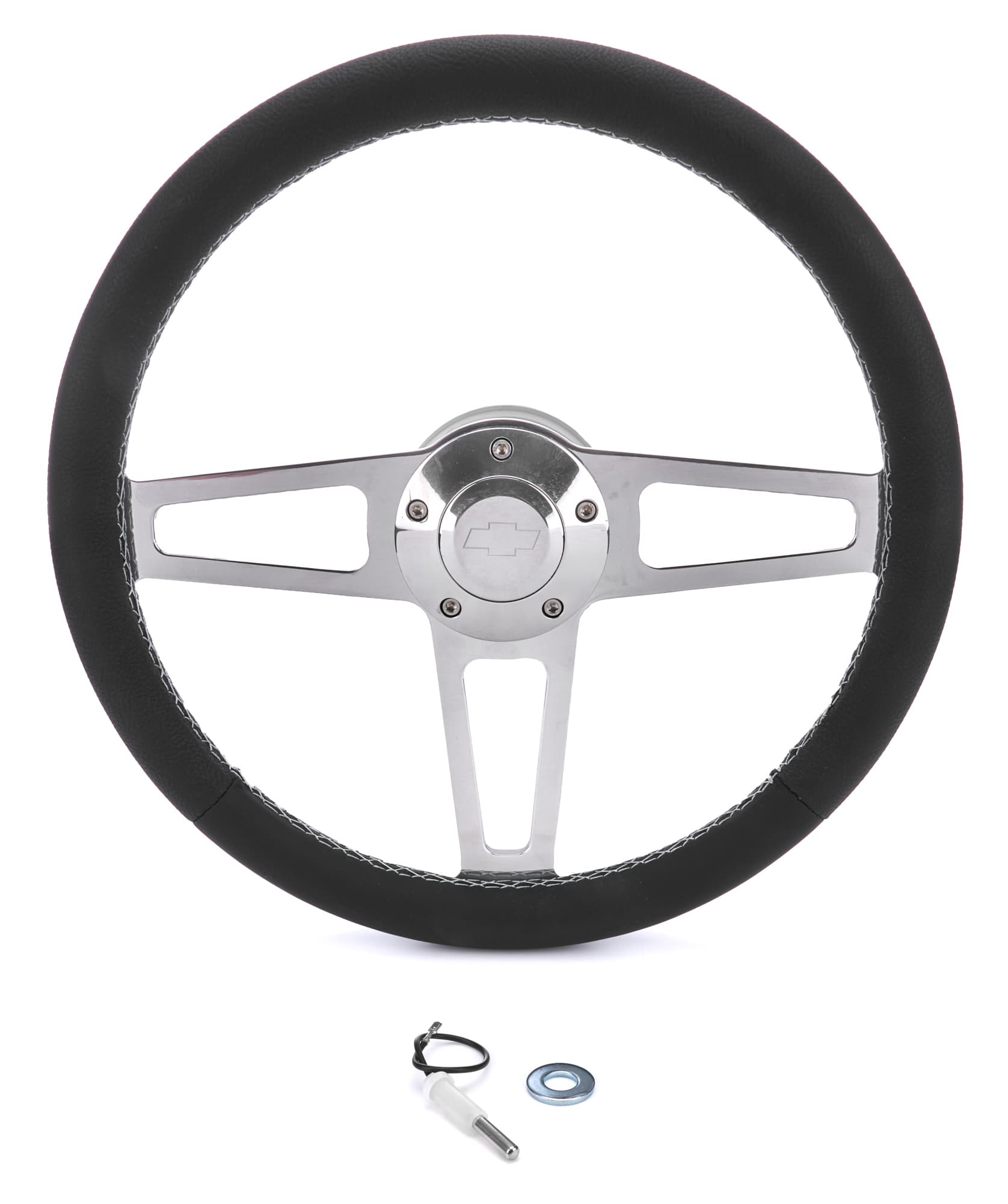 Grant Billet T Series Steering Wheel and Installation Kit; Chevrolet Logo; Chrome Spokes; Includes Billet Steering Wheel/OEM Center Cap/Install Kit PN[5163] Black;