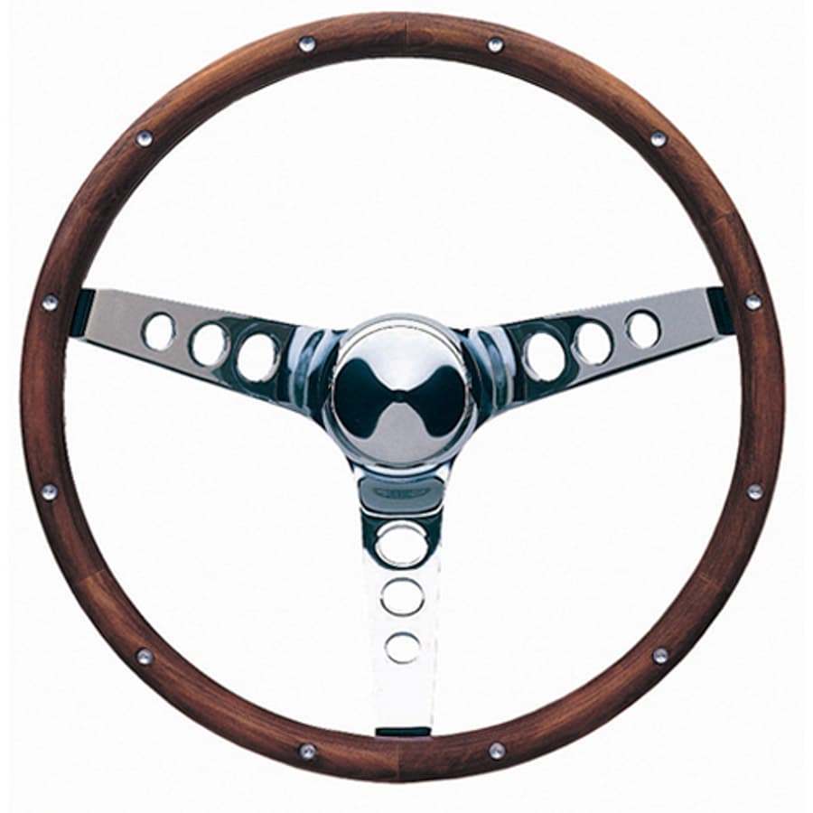 Classic Wood Steering Wheel; 15 in. Diameter; 4 1/8 in. Dish; Walnut Finish w/Anodized Aluminum Rivets; Chrome 3-Spoke Design;