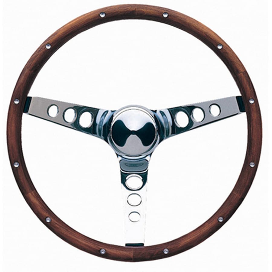 Grant Classic Wood Steering Wheel; 13 1/2 in. Diameter; 3 3/4 in. Dish; Walnut Finish w/Anodized Aluminum Rivets; Chrome 3-Spoke Design;