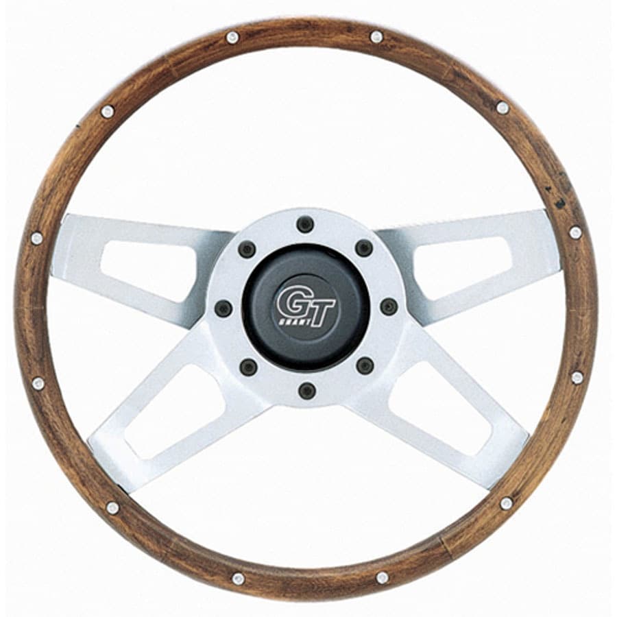 Challenger Steering Wheel; 13 1/2 in. Diameter; 2 1/4 in. Dish; Genuine Hardwood Walnut Finish w/Rivets; Satin Silver Dual Plane Spokes;