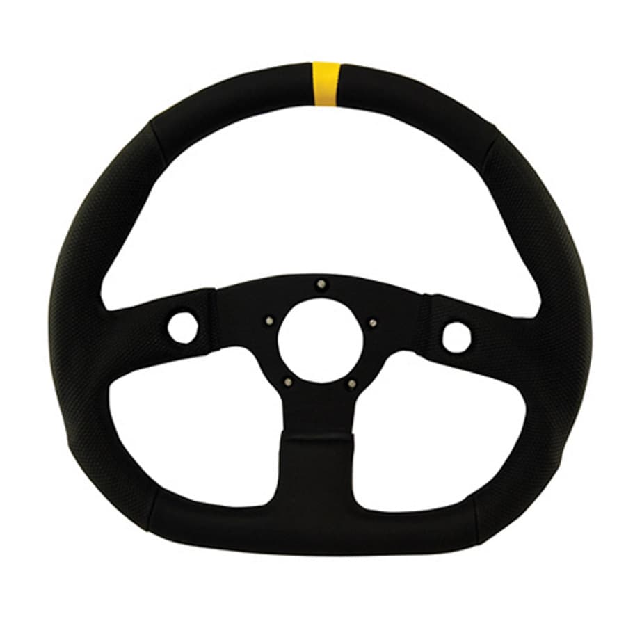 Grant Performance GT Series Steering Wheel; 13.75 in. x 12 1/2 in. Diameter; Flat Dish; D Shape; Black Vinyl Grip w/Yellow Top Marker; Black Anodized Aluminum 3-Spoke;