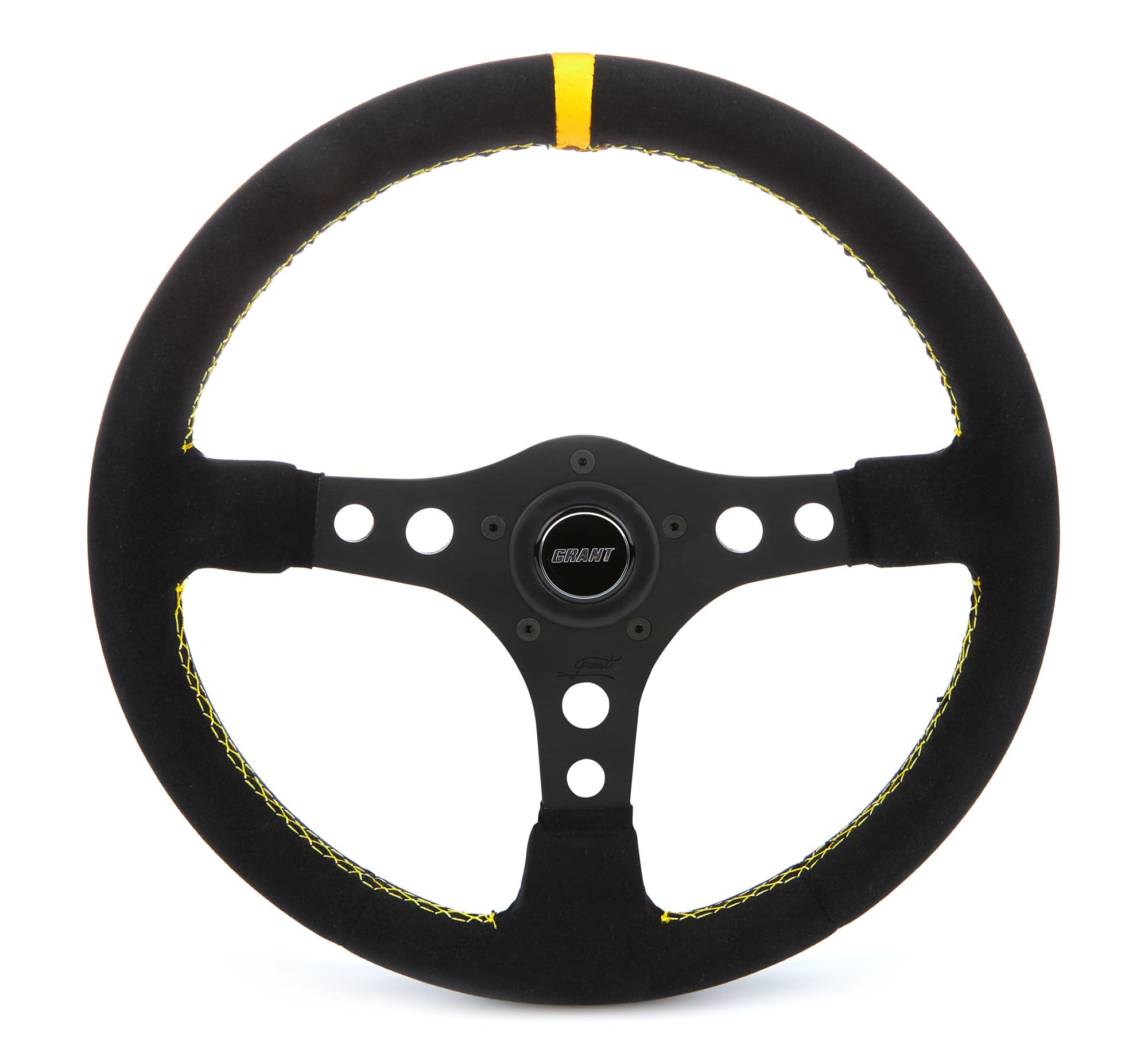 Grant Formula GT Steering Wheel; 14 in. Diameter; 3 1/2 in. Dish; Black Suede Wheel w/Yellow Center Stripe:3-Spoke Design: 5 or 3 Hole Kit;