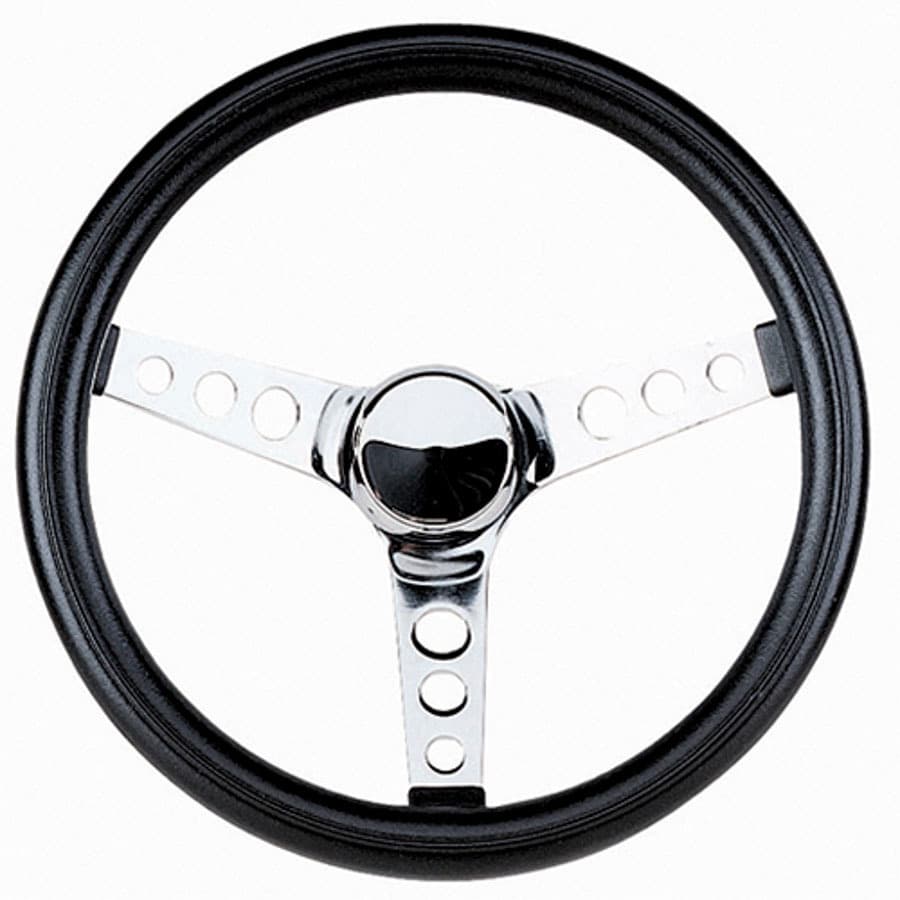 Classic Series Steering Wheel; 13 1/2 in. Diameter; 3 1/2 in. Dish; Black Cushion Grip; Chrome 3-Spoke Design;