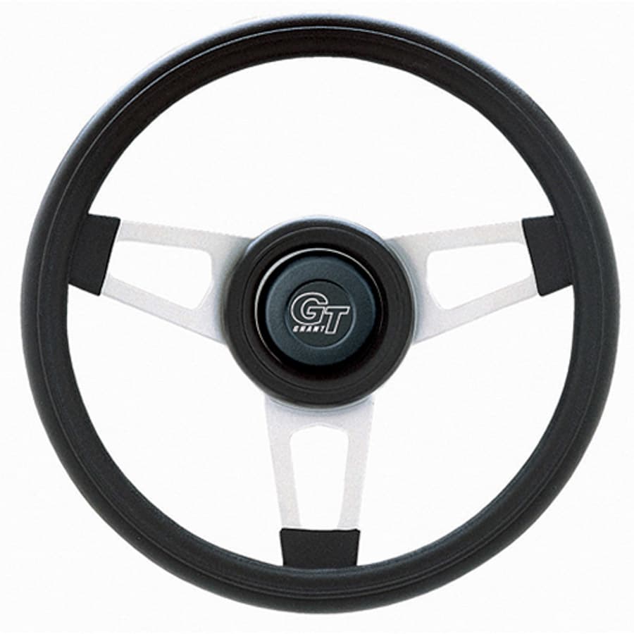 Grant Challenger Steering Wheel; 13.75 in. Diameter; 2 1/4 in. Dish; Black Cushion Grip; Satin Silver 3-Spoke Design;