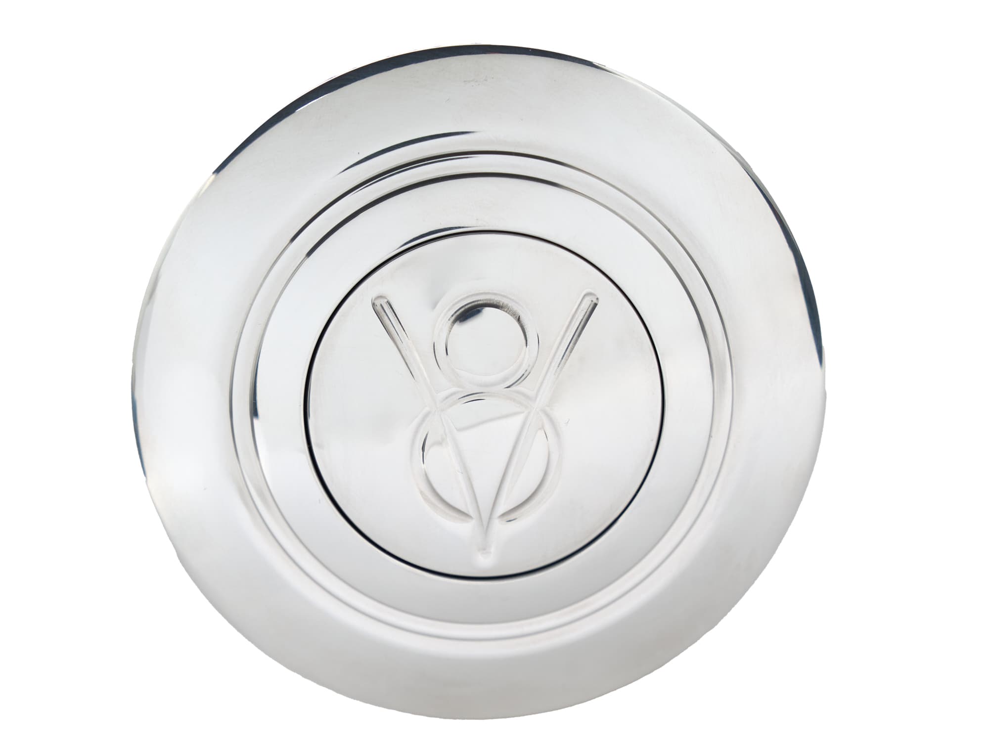 Lokar Horn Button; Fits w/Banjo Wheel Steering; Billet Aluminum; Single Contact; Domed V-8 Logo; Polished;
