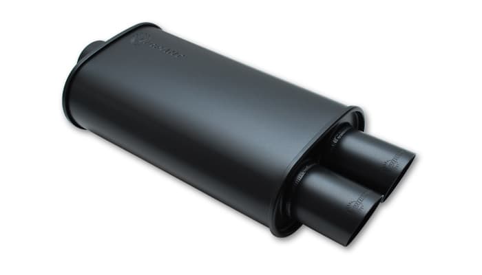 Vibrant Performance STREETPOWER Flat Black Oval Muffler; Single Angle Tip; 3 in. Inlet ID; 3 in. Tip OD; 5 in. H; 9 in. W; 4.25 in. Tip L; 15 in. Body L; 20 in. Overall L; Dual Outlet;