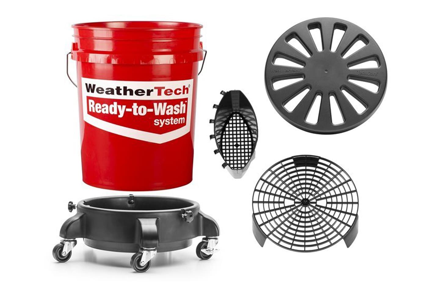 Weathertech Ready To Washâ„¢ System; Rolling Dolly; Bucket w/Vented Lid Seat; Grit Grate; Mitt Saver;