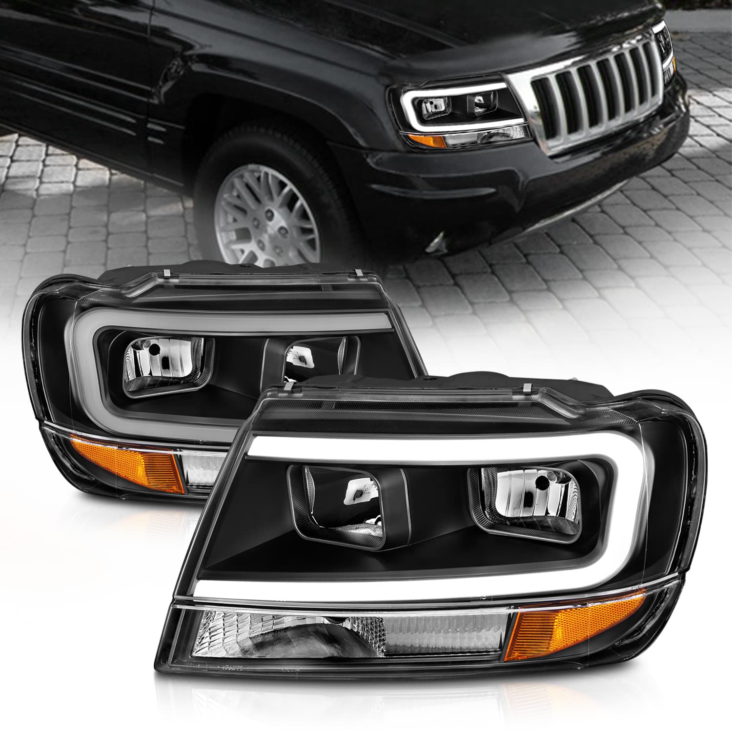 ANZO USA CRYSTAL HEADLIGHTS W LIGHT BAR BLACK HOUSING JEEP GRAND CHEROKEE 1999-2004