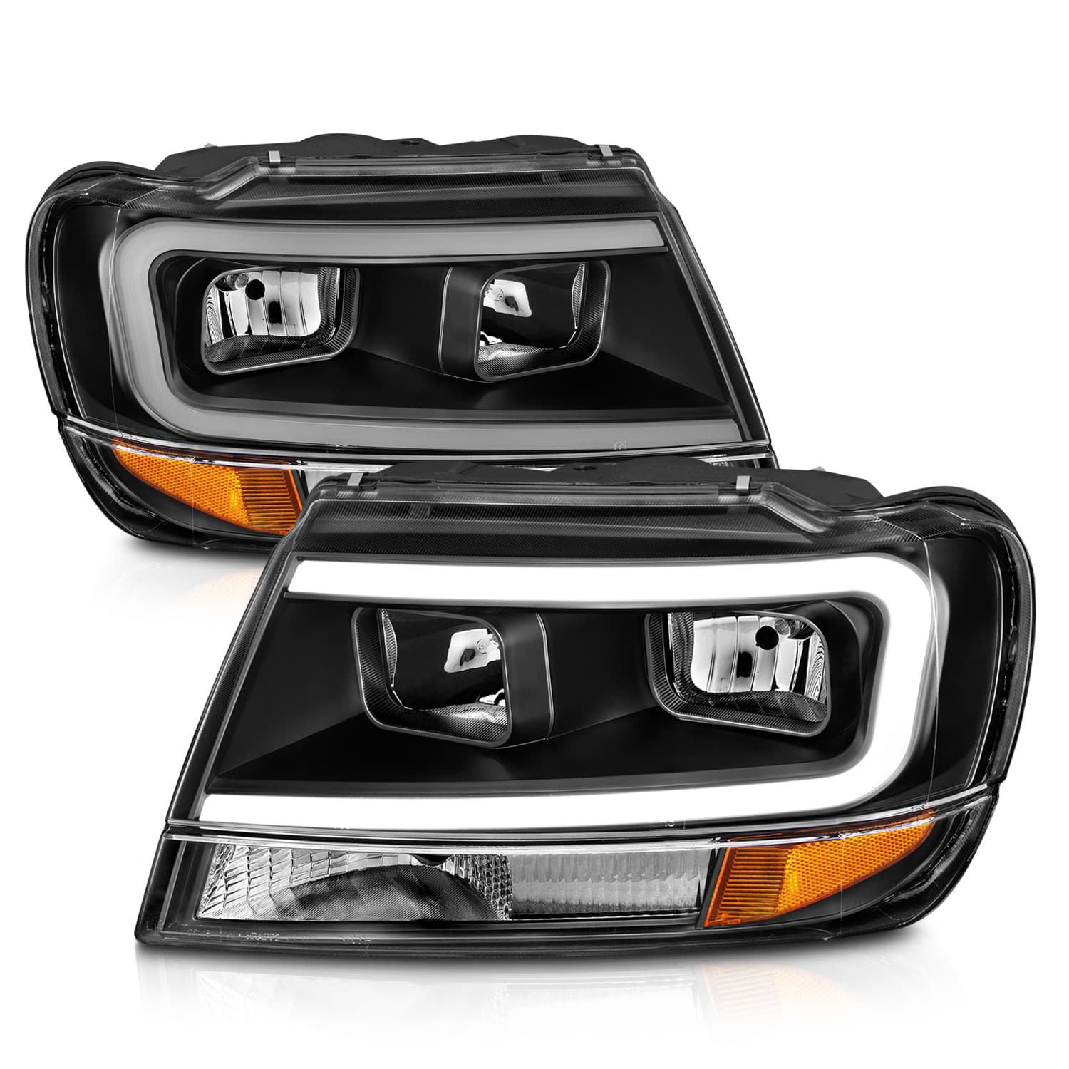 CRYSTAL HEADLIGHTS W LIGHT BAR BLACK HOUSING JEEP GRAND CHEROKEE 1999-2004 product image