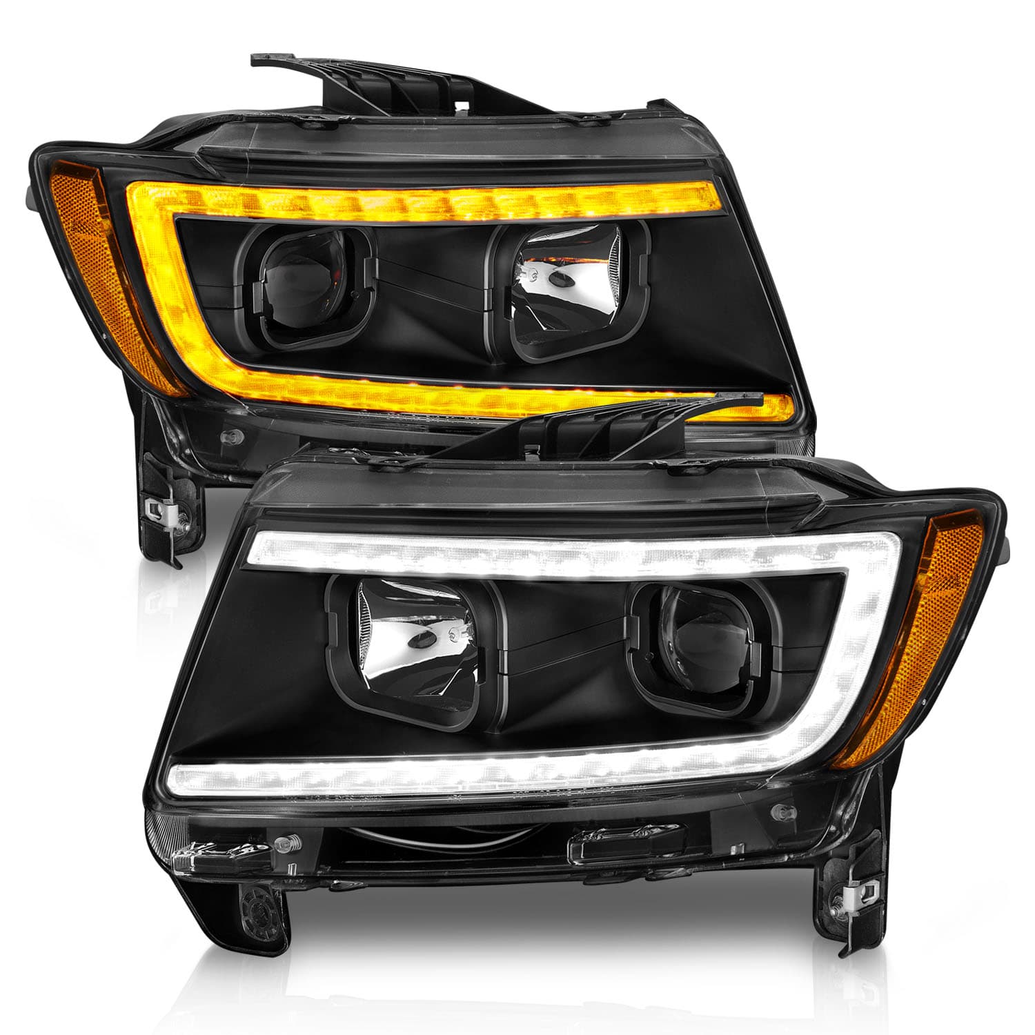 Projector Headlight Set; Clear Lens; Black Housing; w/Light Bar Switchback; Pair; product image