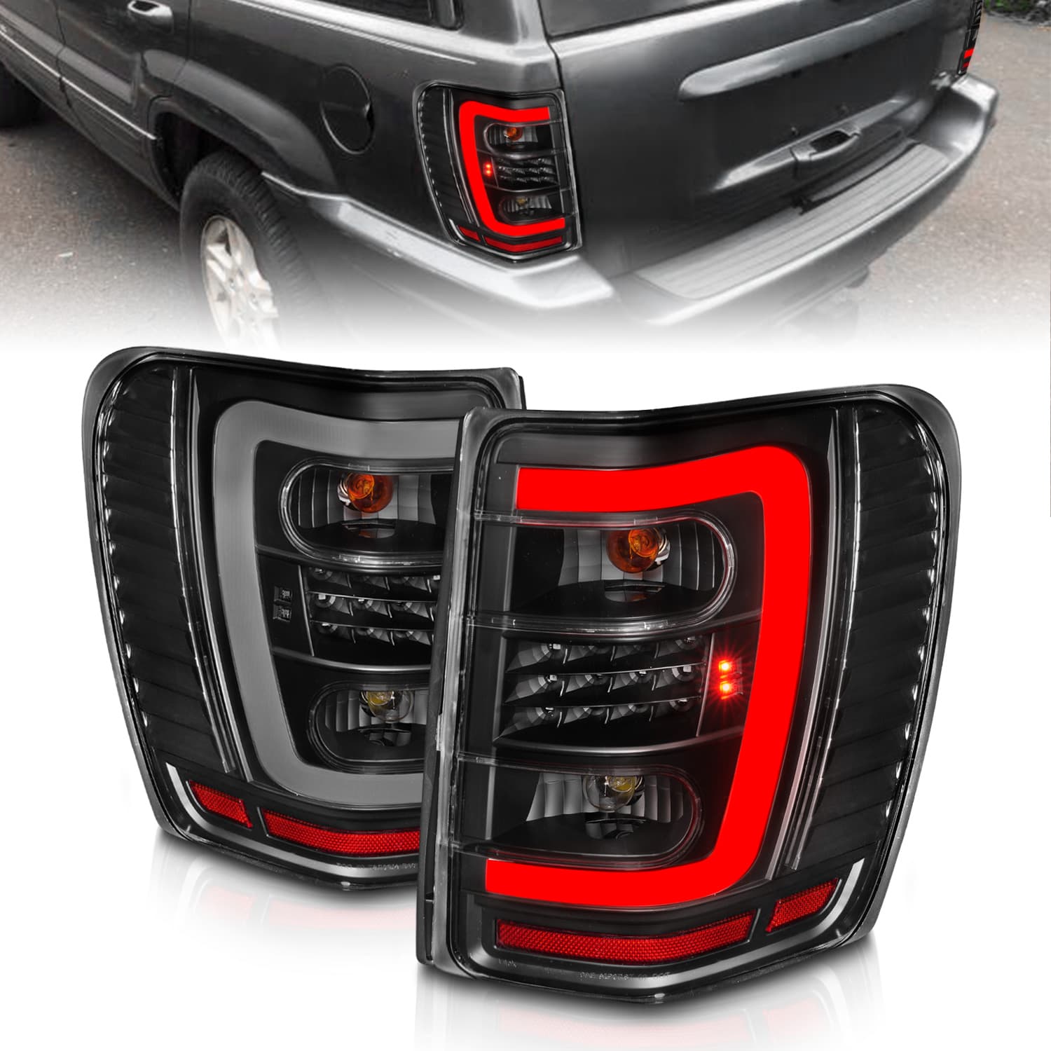 ANZO USA LED TAIL LIGHTS W LIGHT BAR BLACK HOUSING CLEAR LENS JEEP GRAND CHEROKEE 1999-2004