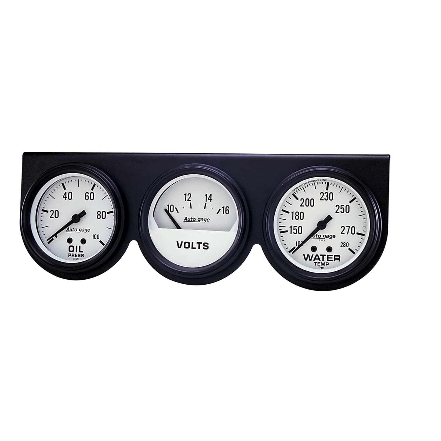 AutoMeter 2328 GAUGE CONSOLE, OILP/WTMP/VOLT, 2 5/8, 100PSI/280?F/16V, WHT DIAL, BLK BZL, AG product image
