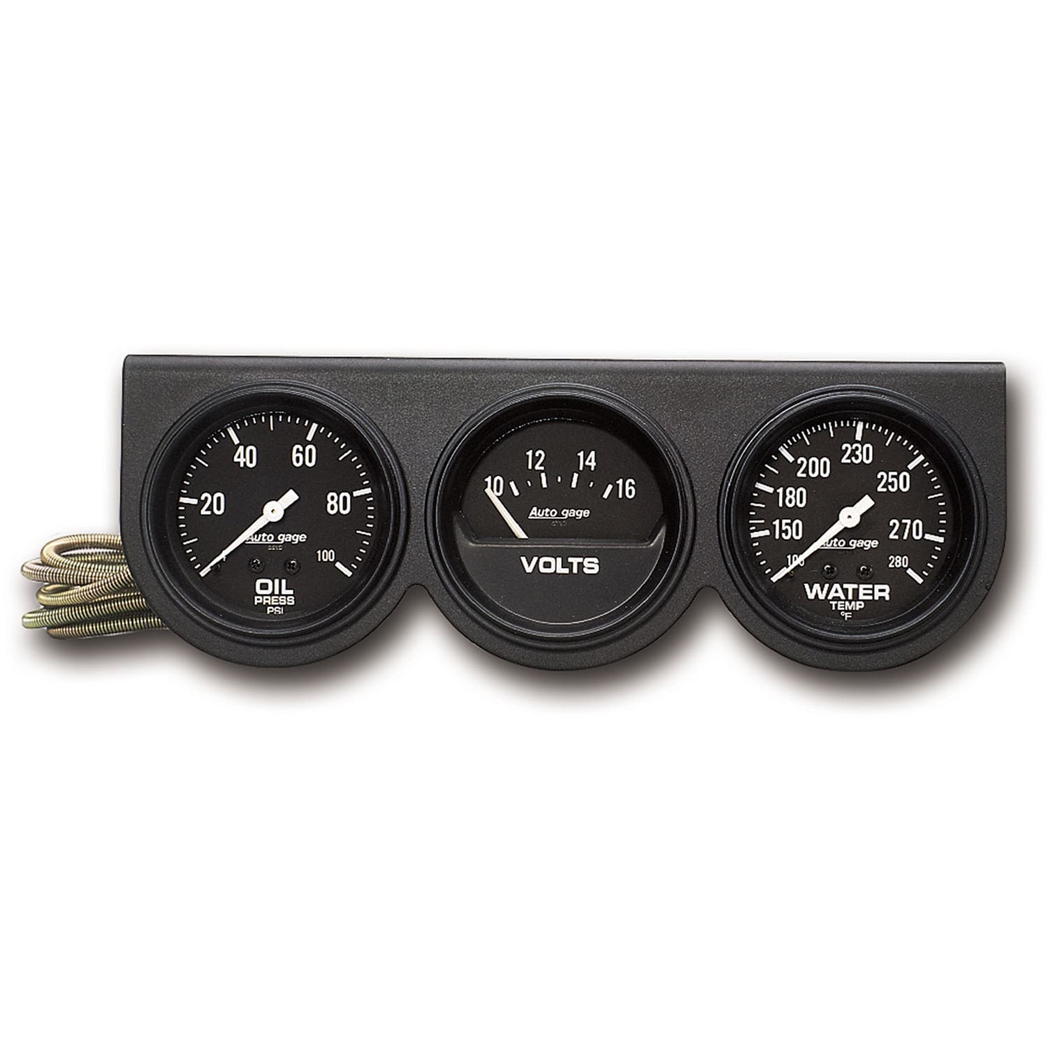 AutoMeter 2398 GAUGE CONSOLE, OILP/WTMP/VOLT, 2 5/8, 100PSI/280?F/16V, BLK DIAL, BLK BZL, AG product image