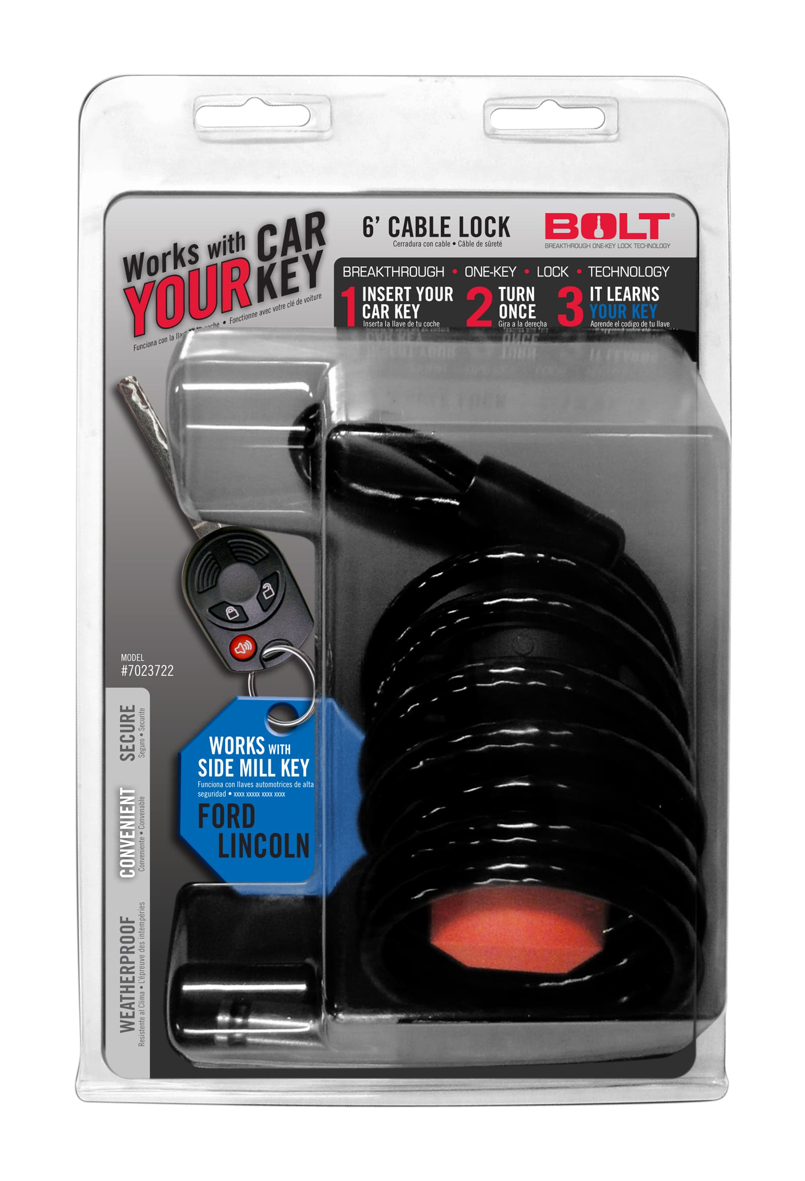 BOLT (CLAMSHELL) 15C F150/16C F250/F350/F450/13C TRANSIT/CONNECT W/SIDE CUT KEY 6FT CABLE LOCK