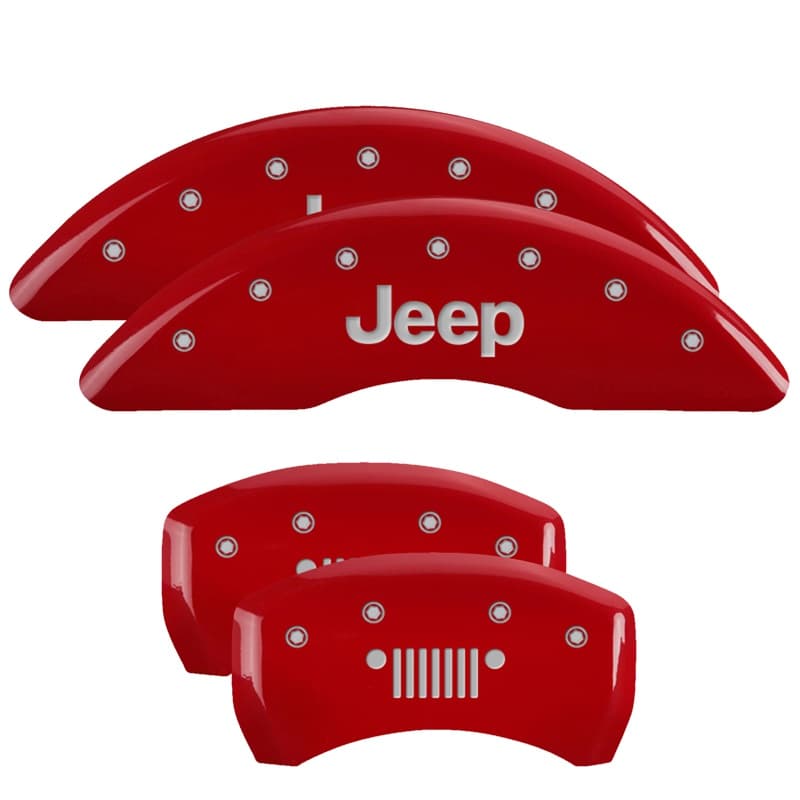 SET OF 4 CALIPER COVERS FRONT: JEEP REAR: JEEP GRILL LOGO RED POWDER COAT