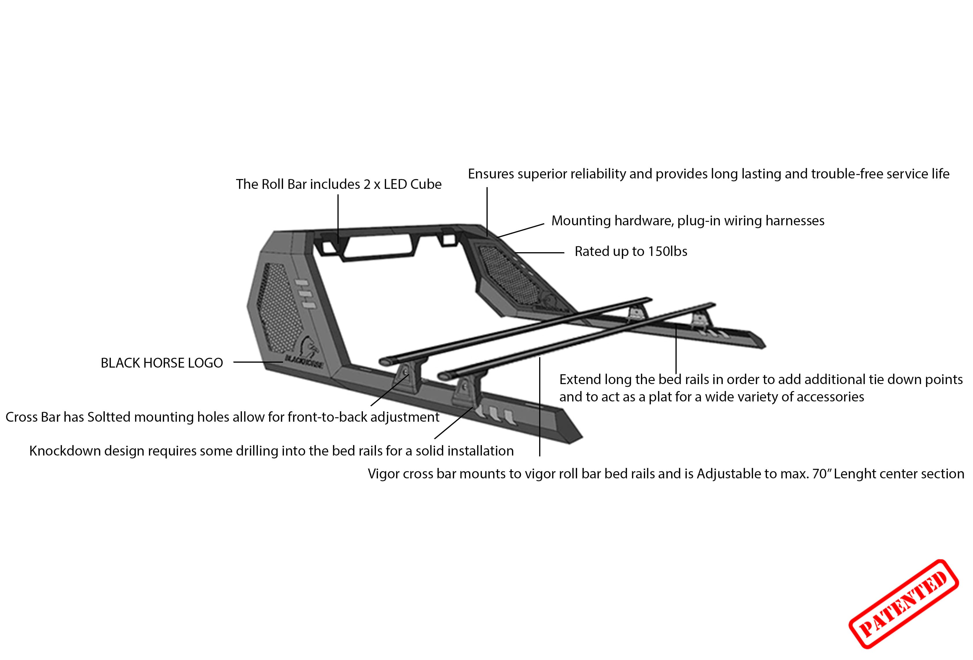 Black Horse Off Road Vigor Roll Bar W/ Cross Bar Black Steel VRCB6409B-G product image