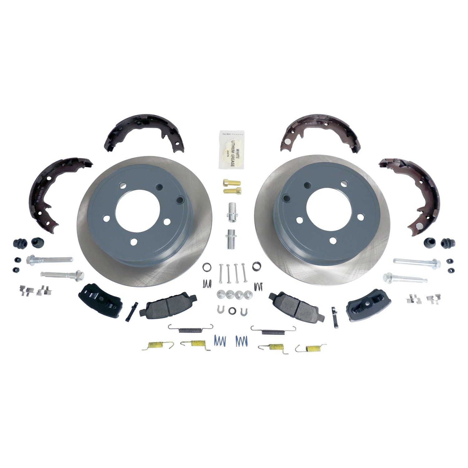 Disc Brake Service Kit; Rear; Incl. Pads/Rotors/Parking Brake Shoes/Caliper Hardware Kit/Parking Brake Shoes/Parking Brake Hardware Kit;