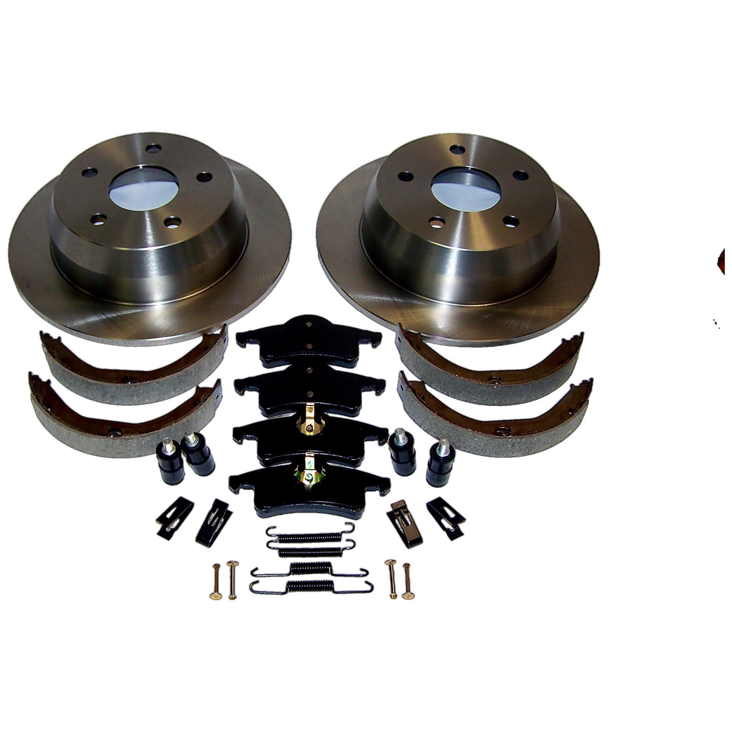 Disc Brake Service Kit; Rear; Incl. 2 Rotors/1 Pad Set/1 Parking Brake Shoe Set/All Necessary Hardware; product image