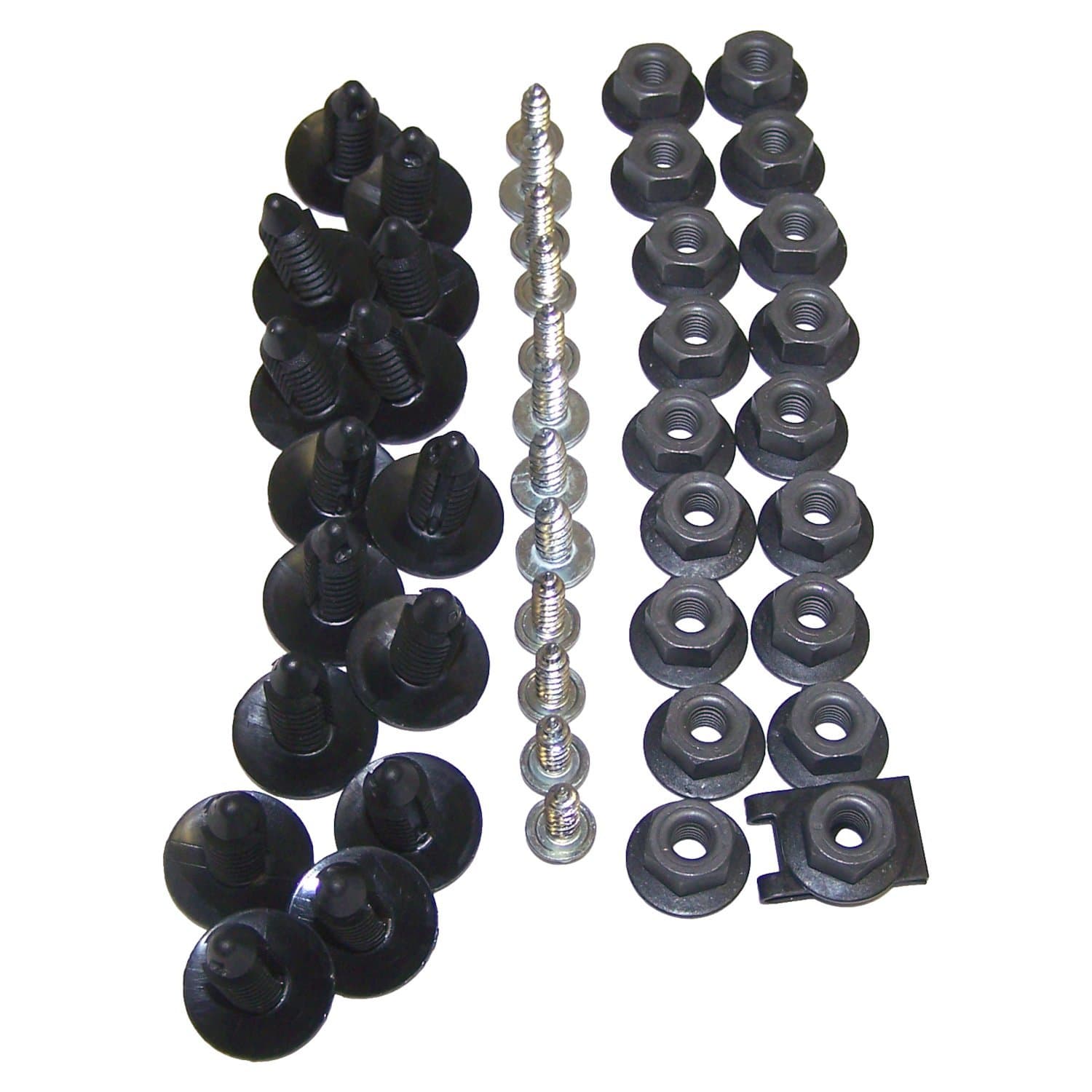 Crown Automotive Jeep Replacement Fender Flare Hardware Kit; Front; Incl. 2 U-Clip Nuts/14 Push-In Fasteners/18 Nuts/12 Screws;