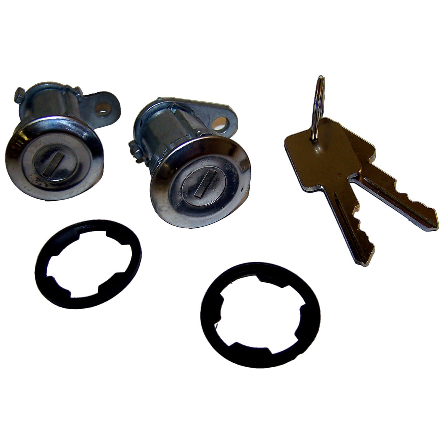 1984-1990 Cherokee XJ Chrome; Includes 2 cylinders and keys 1976-1983 CJ-5 CJ Includes 2 cylinders and keys 1976-1984 CJ-7 CJ Includes 2 cylinders and keys 1981-1984 CJ-8 CJ Includes 2 cylinders and keys 1987-1990 Wrangler YJ w/ Full Doors; Chrome; In product image