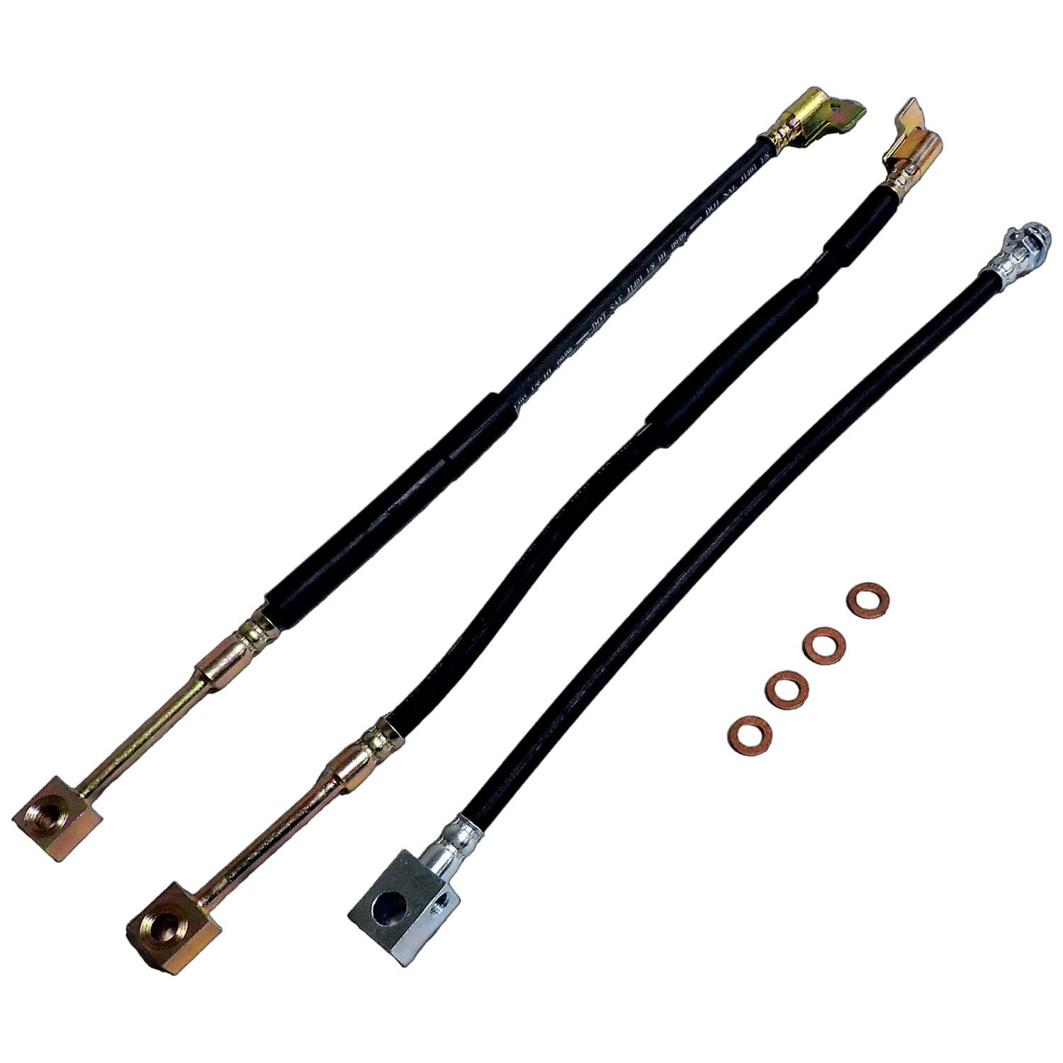 BLACKSILVERCOPPER BRAKE HOSE KIT INCLUDES LEFT AND RIGHT FRONT HOSES REAR HOSE TO AXLE, AND 4 BRAKE HOSE WASHERS product image