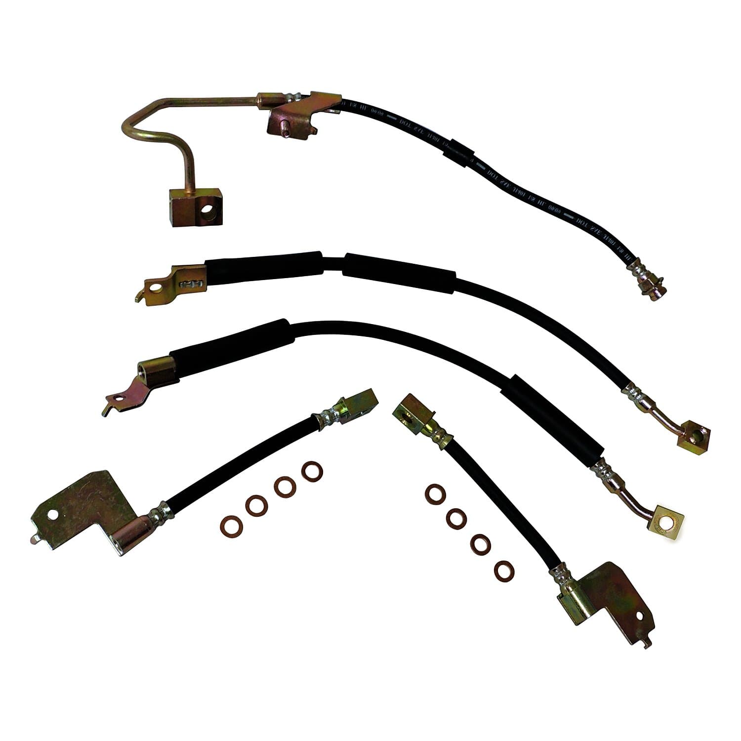BLACKSILVERCOPPER BRAKE HOSE KIT W/ REAR DISC BRAKES;INCLUDES LEFT AND RIGHT FRONT AND REAR HOSES, REAR HOSE TO AXLE, AND 8 BRAKE HOSE WASHERS product image