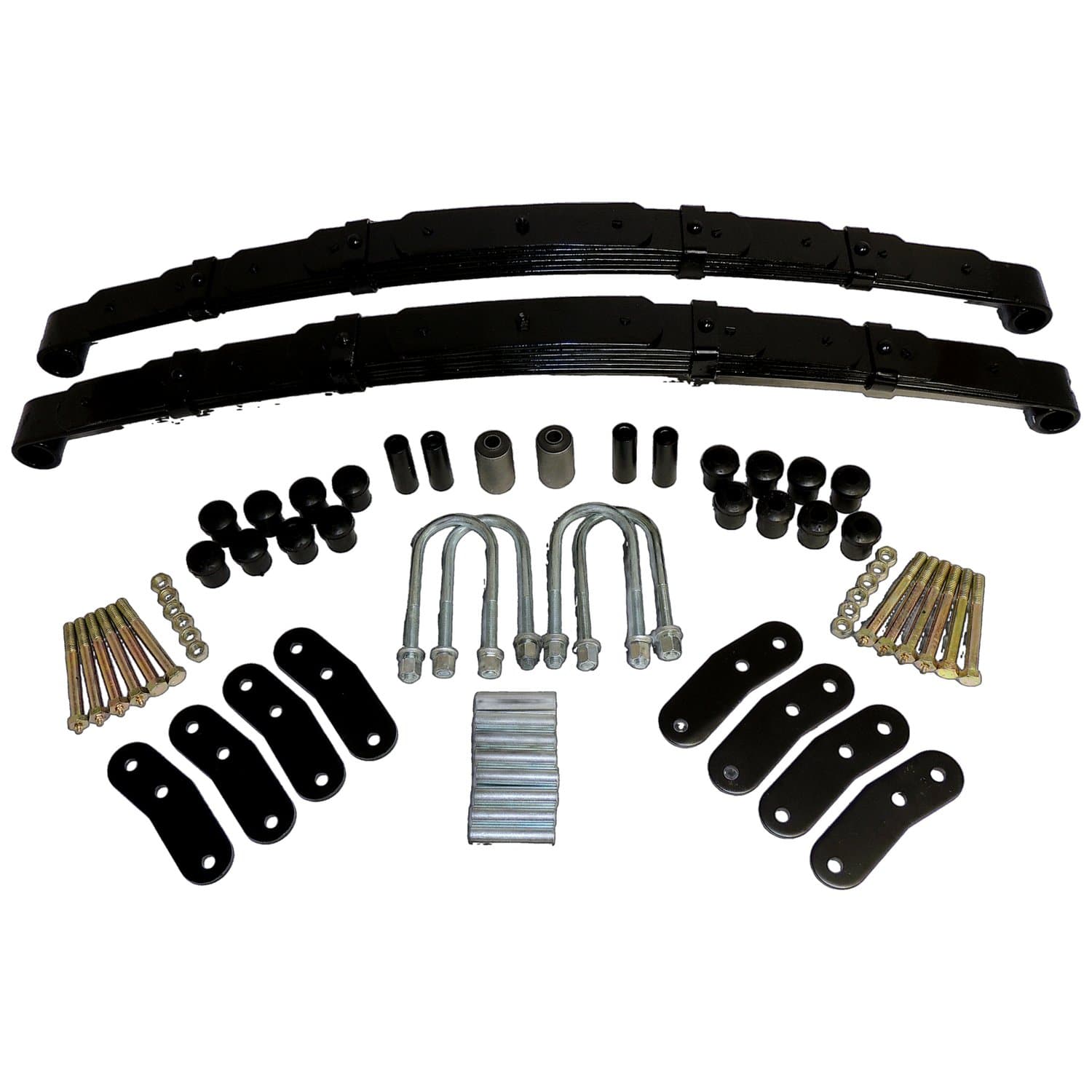 BLACK LEAF SPRING KIT REAR LEAF SPRING KIT;INCLUDES HEAVY DUTY REAR LEAF SPRINGS, PIVOT BUSHINGS, U-BOLTS, AND A SET OF 4 RT OFF-ROAD SHACKLES;DESIGNED TO LIFT THE VEHICLE 1-1.5" product image