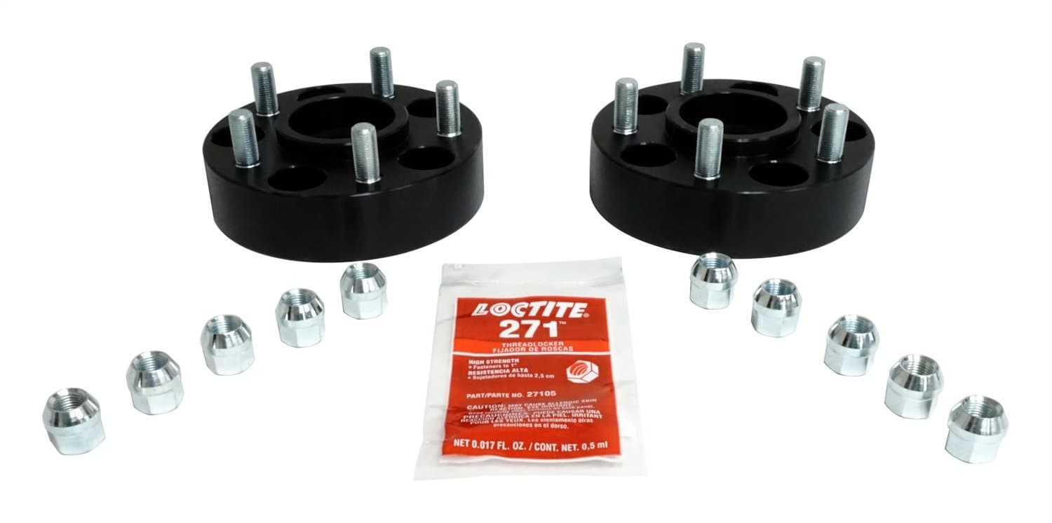BLACK WHEEL SPACER SET 1-1/2" WIDE WHEEL SPACER SET (2 PIECES) W/ 5 ON 4-1/2" PATTERN;INCLUDES 2 GLOSS BLACK ANODIZED WHEEL SPACERS AND 10 WHEEL NUTS;THESE WHEEL SPACERS ARE HUB-CENTRIC AND WHEEL-CENTRIC;FOR REPLACEMENT WHEEL STUD ORDER DORMAN P/N: 610-18