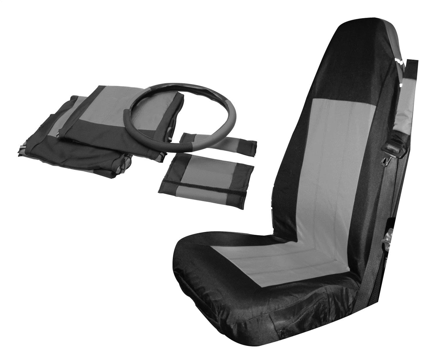 Crown Automotive Jeep Replacement 1987-1995 Wrangler YJ Black & Gray - Includes: 2 Front Black/Gray Polycanvas Seat Covers 2 Seat Belt Pads and a Steering Wheel Cover 1997-2002 Wrangler TJ Black & Gray - Includes: 2 Front Black/Gray Polycanvas Seat Covers 2 Seat Belt Pads and a Steerin
