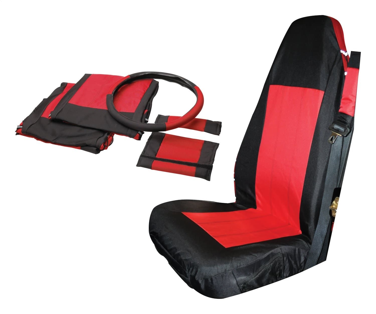 Crown Automotive Jeep Replacement 1987-1995 Wrangler YJ Black & Red - Includes: 2 Front Black/Red Polycanvas Seat Covers 2 Seat Belt Pads and a Steering Wheel Cover 1997-2002 Wrangler TJ Black & Red - Includes: 2 Front Black/Red Polycanvas Seat Covers 2 Seat Belt Pads and a Steering Wh