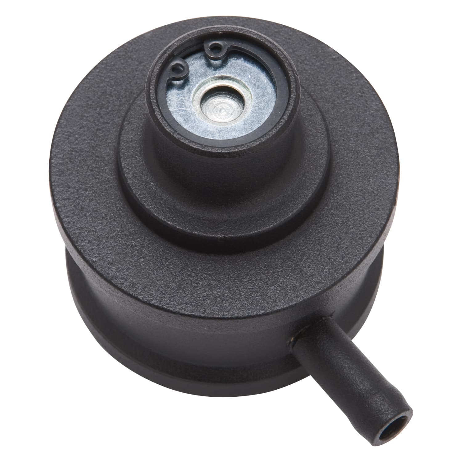 PCV for Valve Cover, Aluminum, Round Push in with 90-degree Port, Breather Look, with Etched Logo, Black product image