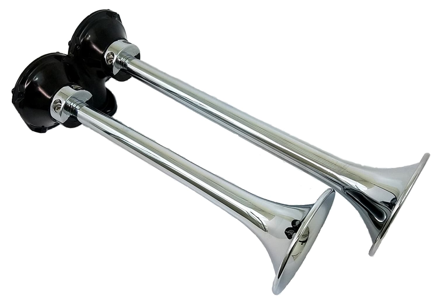 Roof Mount Dual Horn; 13.5 in. / 11.25 in. Trumpets; Chrome Plated Spun Copper; [Available While Supplies Last];
