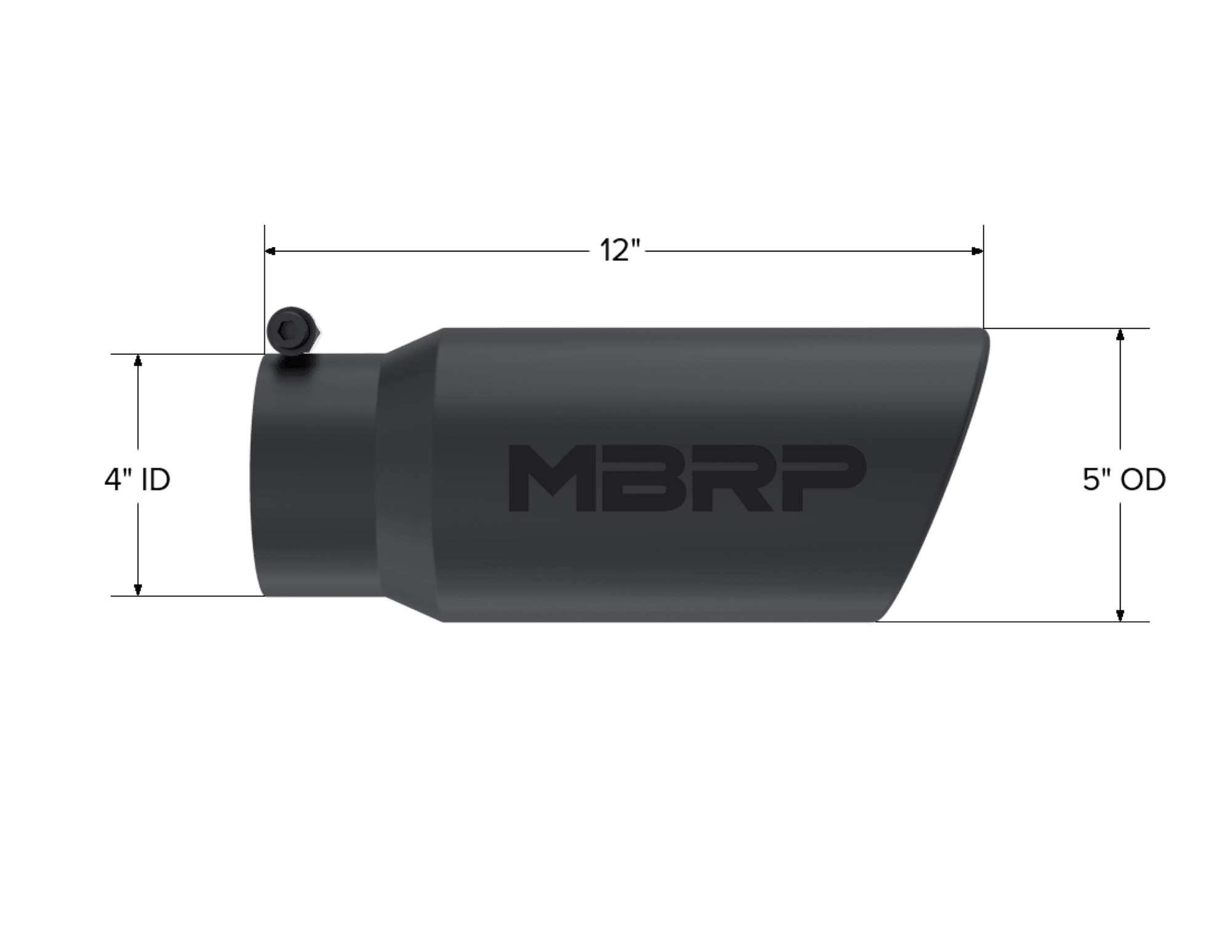 Armor BLK Exhaust Tip; 4 in. Inlet Diameter; 5 in. Outlet Diameter; 12 in. Length; Angled Rolled Edge; 304 Stainless Steel; Black Coated; product image