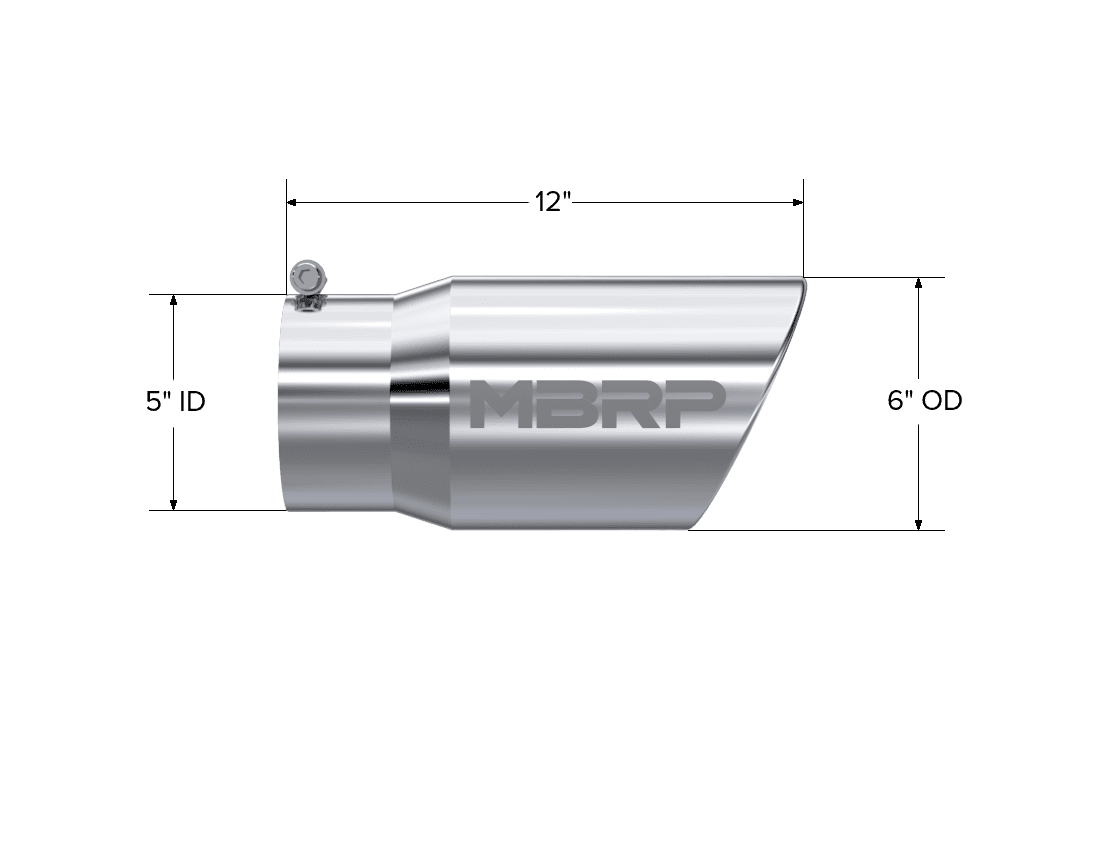 Armor Pro Exhaust Tip; 5 in. Inlet Diameter; 6 in. Outlet Diameter; 12 in. Length; Angled Rolled Edge; T304 Stainless Steel; Mirror Polished; product image
