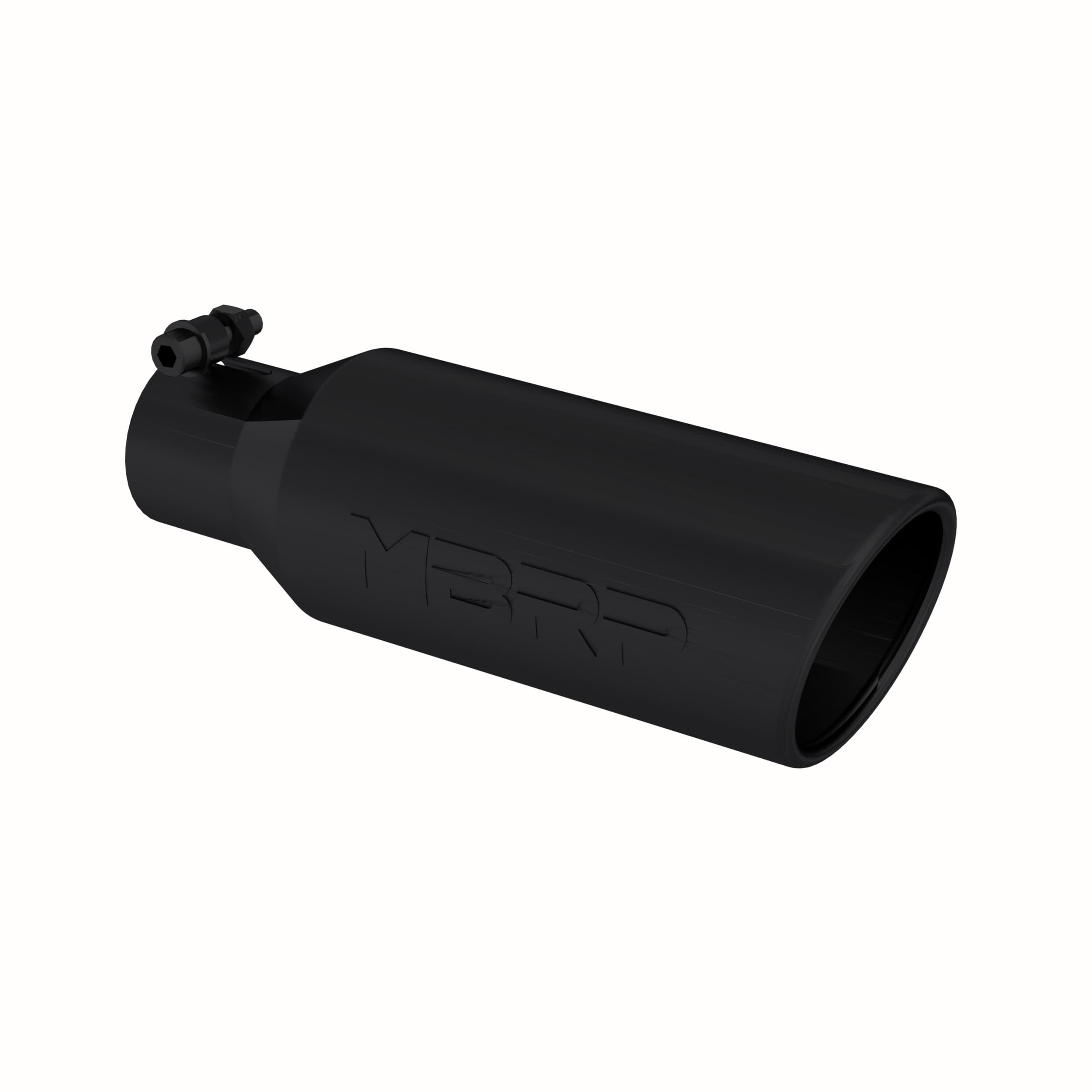 MBRP Exhaust Armor BLK Garage Parts Exhaust Tip; 2.5 in. Inlet Diameter; 4 in. Outlet Diameter; 12 in. Length; Angled Cut Rolled End; T304 Stainless Steel; Black Coated;
