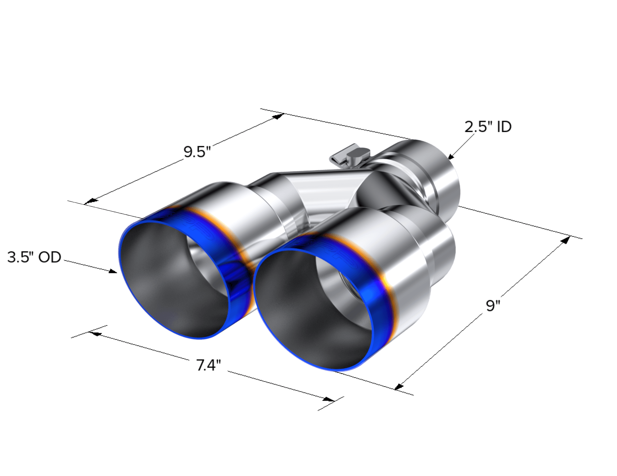 Armor Pro Burnt End Tip; T304 Stainless Steel; 2.5 in. Inlet; Dual 3.5 in. OD. Out; 9.5 in. Length; Single Wall; product image