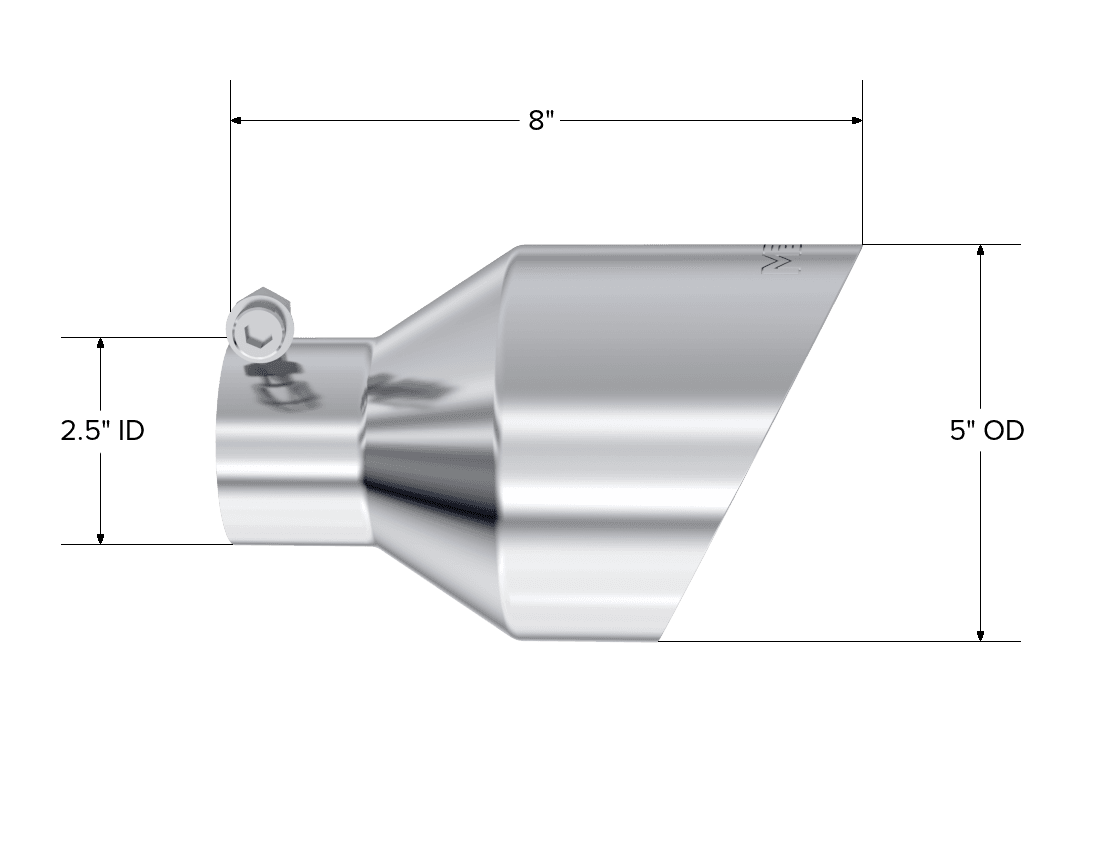 Armor Pro Exhaust Tip; 2.5 in. Inlet Diameter; 5 in. Outlet Diameter; 8 in. Length; Dual Wall; Angle Cut; T304 Stainless Steel; Sold In Pairs; product image
