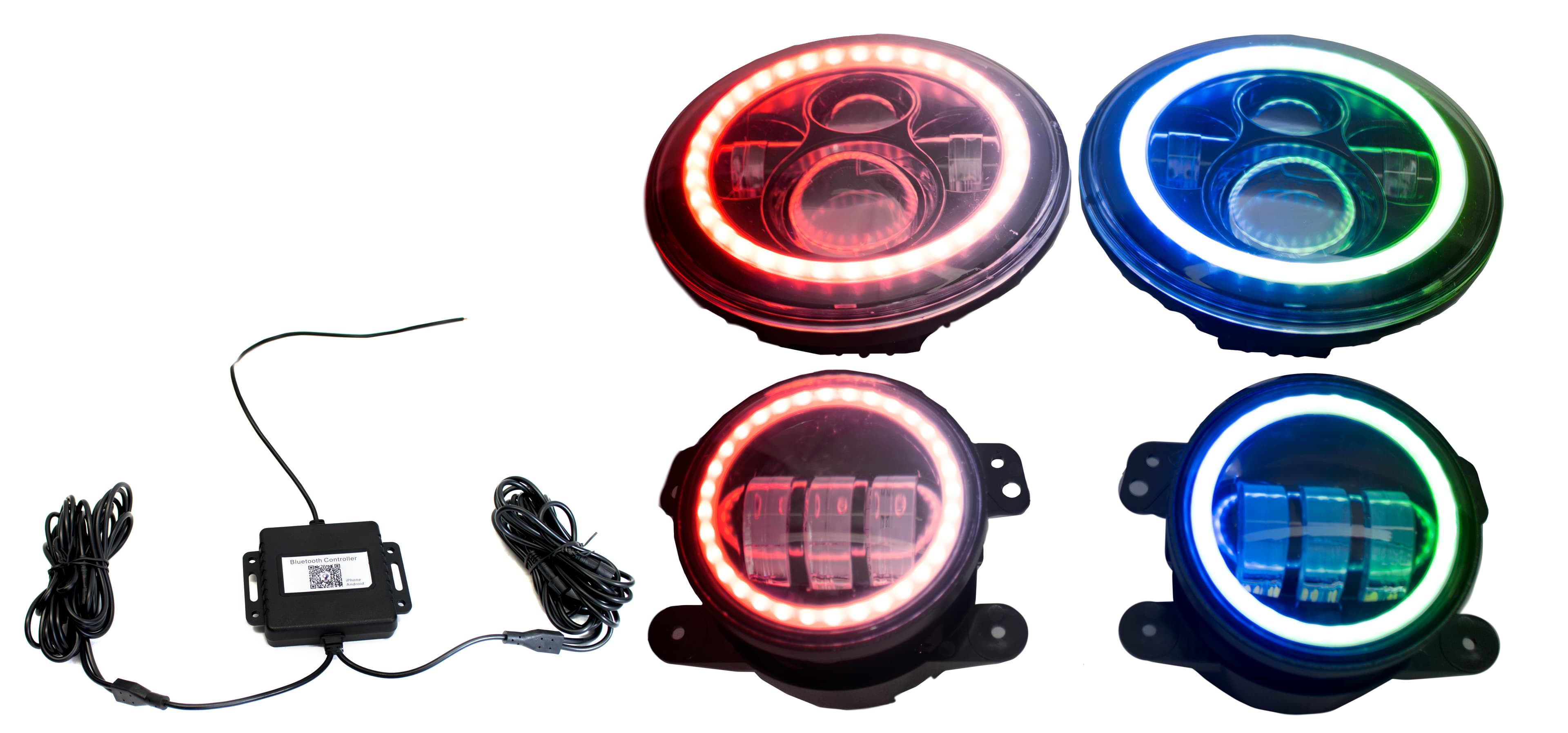 Race Sport Chasing Version - Jeep Wrangler 7in Headlight and 4in Foglight ColorSMART Combo Complete RGB Multi-Color kit - Smartphone Controlled with (2) Headlights and (2) Foglights