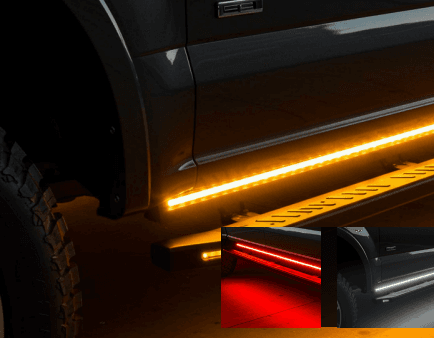 Race Sport 76in Running Board LED Light Kit with Amber Running, White Door Valet, and Sequential Turn Signals for Crew Cabs Trucks - Bonus RGBW