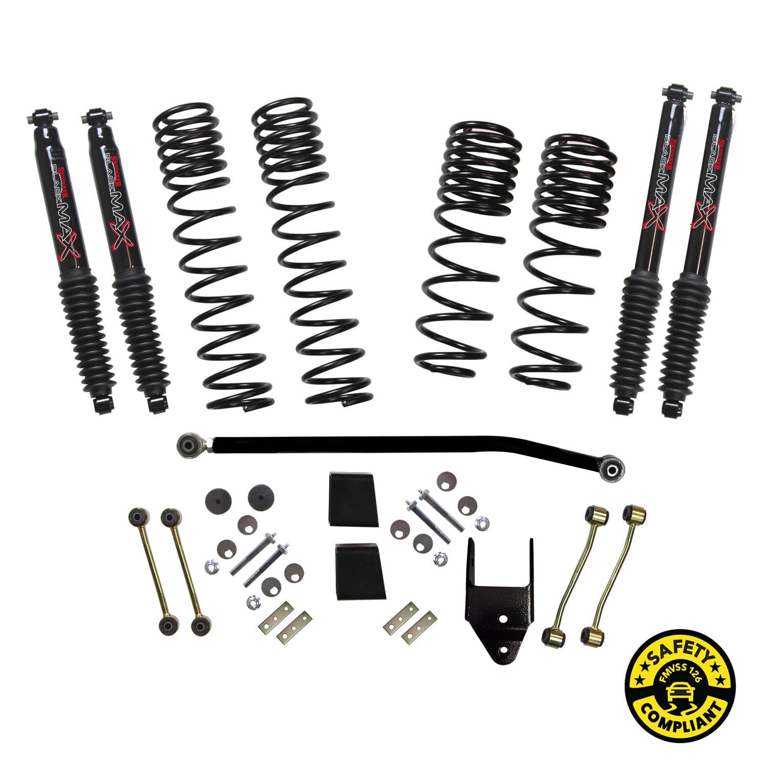 Skyjacker Suspension Lift Kit w/Shock 3.5-4 Inch Lift 18-19 Jeep Wrangler W/Frt./Rear Dual Rate/Long Travel Series Coil Springs Extended Sway Bar End Links Grade 8 Mounting Hdwr Black MAX Shocks Skyjacker