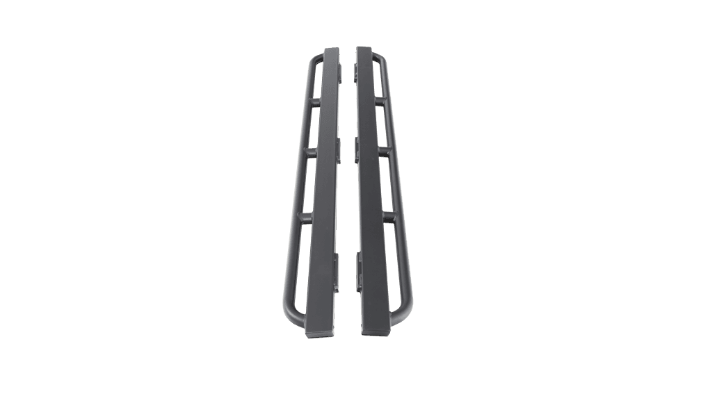 Rockcrawler Side Guards; 2 in. X 3 in. Rectangle Tube w/Tapered/Enclosed/Welded Ends And Additional 1.5 in. X 0.140 in. Wall Kick Out Tube; Textured Black Powder Coat; product image