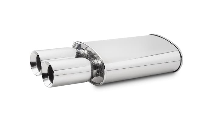 STREETPOWER Oval Muffler; Dual 3.5 in. Round Bevelled Tip; 2.5 in. Inlet ID; 8 in. L-Tip; 5 in. H; 9 in. W; 15 in. Body L; 23 in. Overall L; 3.5 in. OD; 3.75 in. Center To Center; product image