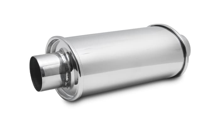 Ultra Quiet Resonator; 2.75 in. Inlet ID; 2.75 in. Outlet ID; 4.75 in. H; 6.5 in. W; 9.75 in. Body L; 13.75 in. Overall L; Stainless Steel; product image