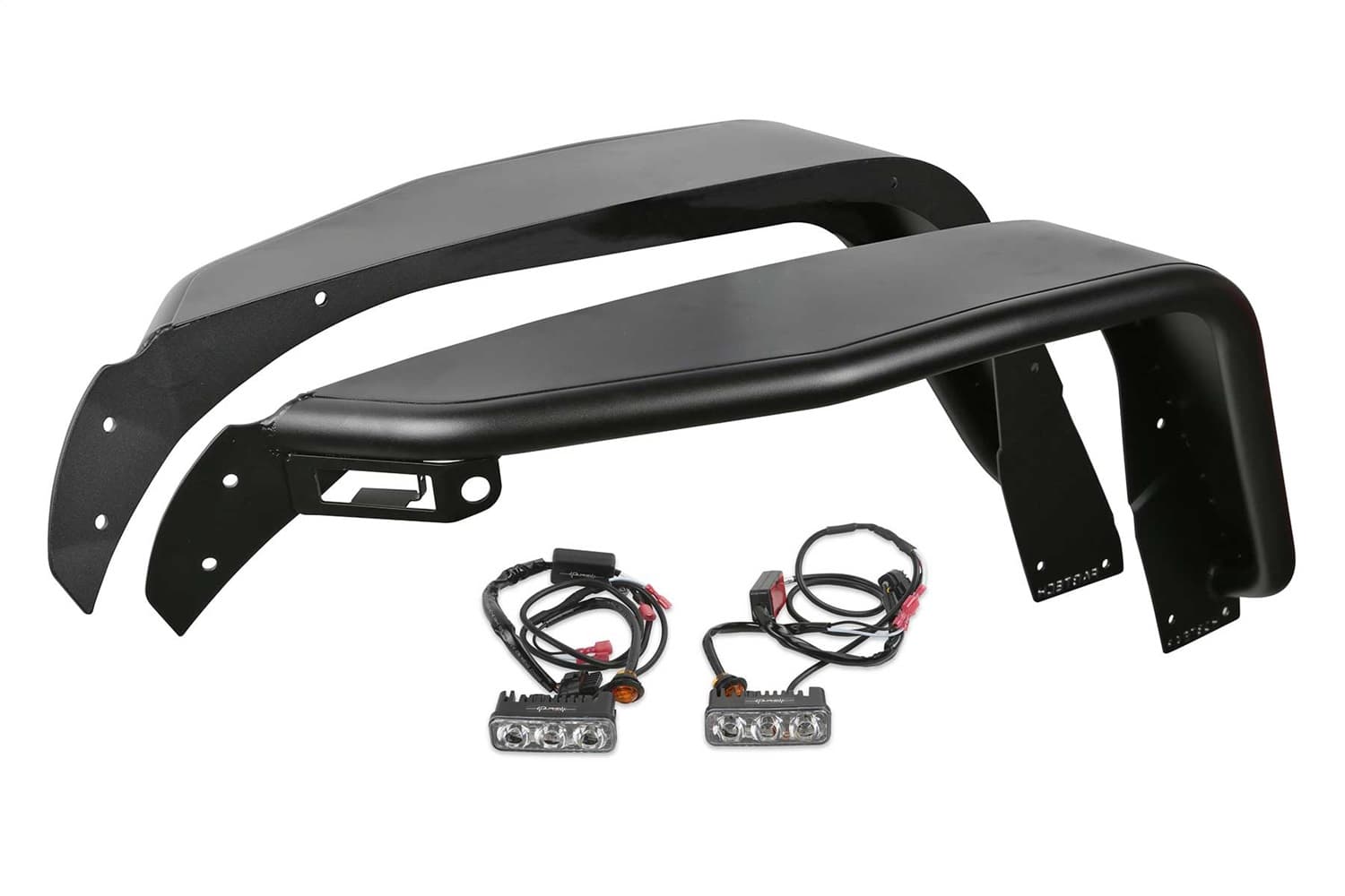 Tube Fenders; 7.5 in. Wide; Front; Steel; Texture Black; Incl. Plug And Play LED Light Kit; product image