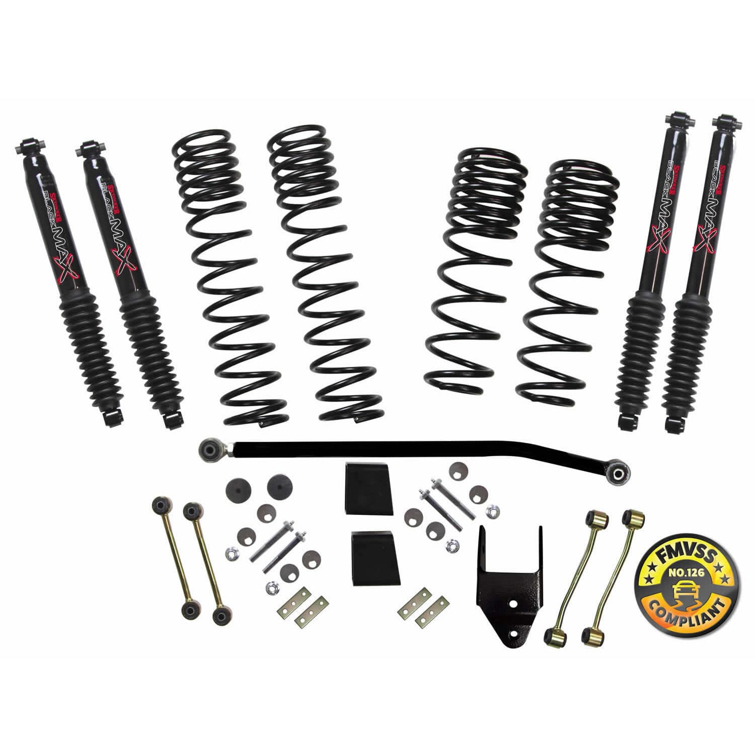 Suspension Lift Kit w/Shock 3.5-4 Inch Lift 18-19 Jeep Wrangler Unlimited Rubicon Incl. Frt./Rear Dual Rate/Long Travel Series Coil Springs Extended Sway Bar End Links Grade 8 Mounting Hdwr Black MAX Shocks Skyjacker product image