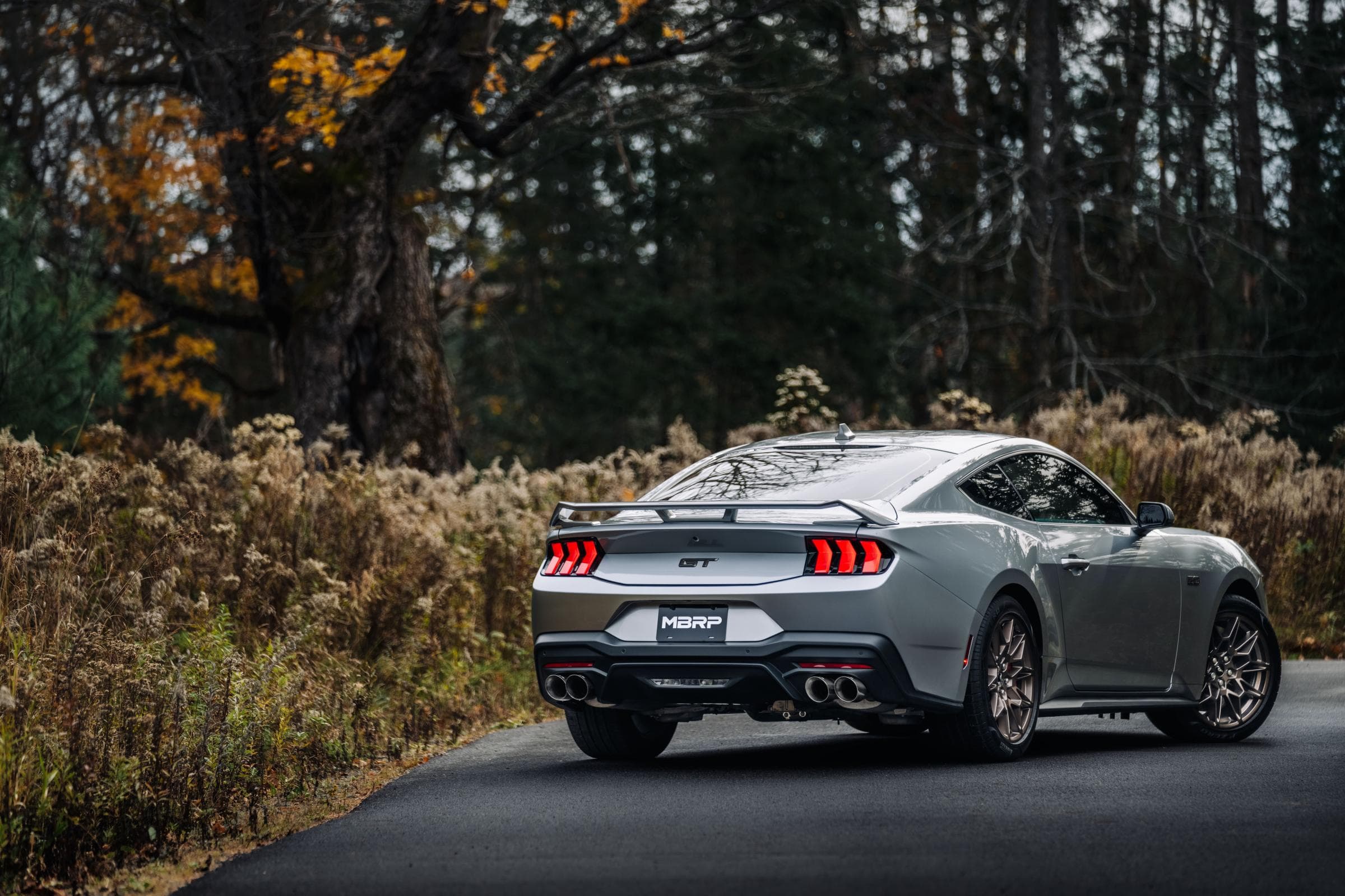 24-Up Ford Mustang GT 5.0L Armor Pro T304 Stainless Steel 3 Inch Cat-Back Dual Split Rear with Quad Carbon Fiber Tips Street Profile MBRP product image