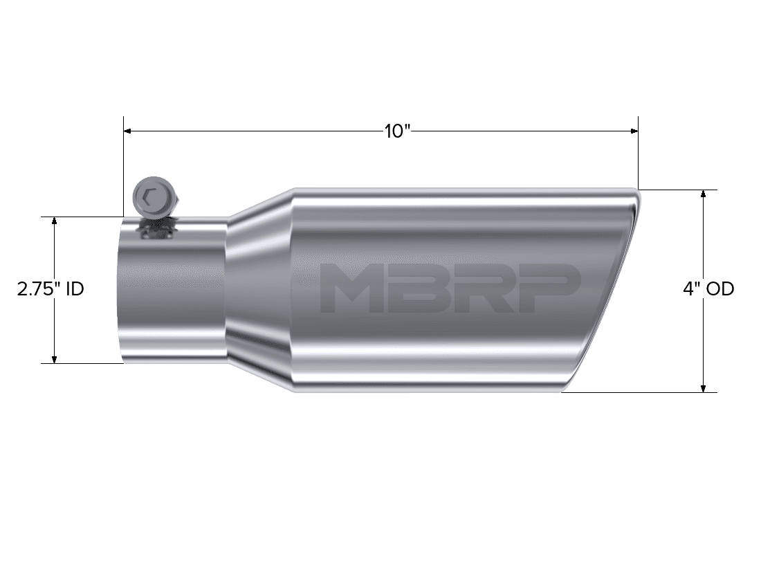 Armor Pro Exhaust Tip; 2.75 in. Inlet Diameter; 4 in. Outlet Diameter; 10 in. Length; Angled Rolled End; T304 Stainless Steel; Mirror Polished; product image