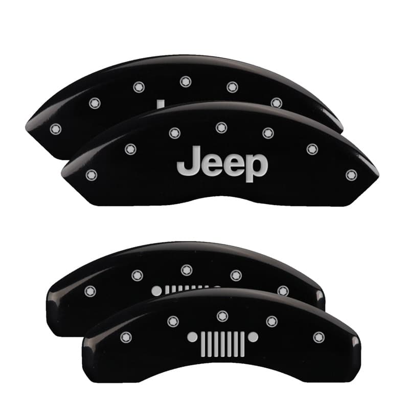 MGP Caliper Covers Set Of 4 Caliper Covers Engraved Front Jeep Engraved Rear Jeep Grill Logo Black Finish Silver Characters 2018-2024 Jeep Wrangler MGP Caliper Covers